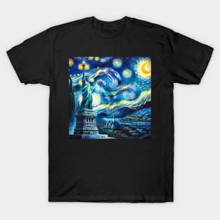 The Statue Of Liberty Starry Night - Beautiful Iconic Places T-Shirt